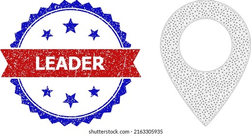 Mesh map sign framework icon, and bicolor grunge Leader seal stamp. Polygonal carcass illustration designed with map sign icon. Vector seal with Leader text inside red ribbon and blue rosette,