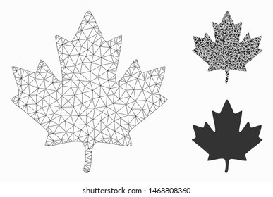 Mesh maple leaf model with triangle mosaic icon. Wire carcass triangular mesh of maple leaf. Vector mosaic of triangle elements in different sizes, and color tones. Abstract flat mesh maple leaf,