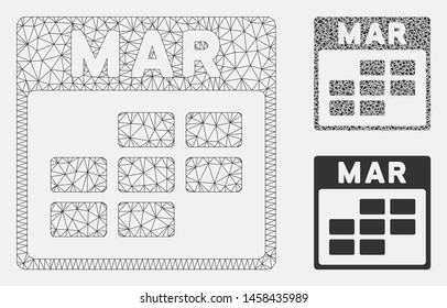 Mesh March calendar grid model with triangle mosaic icon. Wire frame triangular mesh of March calendar grid. Vector mosaic of triangles in variable sizes, and color tinges.
