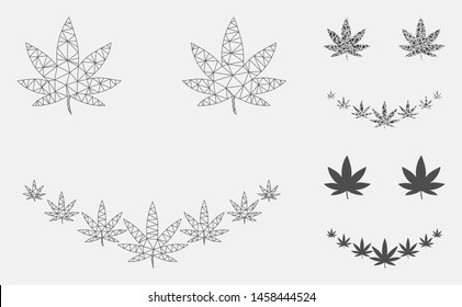 Mesh marihuana smile model with triangle mosaic icon. Wire carcass triangular mesh of marihuana smile. Vector mosaic of triangle elements in variable sizes, and color tones.