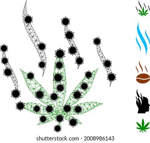 Mesh marijuana aroma polygonal 2d vector illustration, with black infectious nodes. Carcass model is created from marijuana aroma flat icon, with infectious nodes and polygonal net.