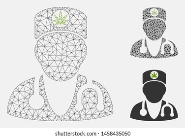 Mesh marijuana doctor model with triangle mosaic icon. Wire carcass polygonal mesh of marijuana doctor. Vector mosaic of triangle parts in variable sizes, and color tints.