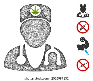 Médico de marihuana de malla web 2d ilustración vectorial. El modelo Carcass se basa en el ícono plano del médico de la marihuana. La malla forma una marihuana abstracta médico de canal plano.
