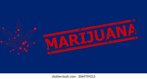 Mesh Marihuana polygonal Symbol Vektorgrafik, und rote MARIJUANA gekratzt Abzeichen. Abstraktion basiert auf Marihuana flach Symbol, mit Sternen und dreieckigen Maschen.