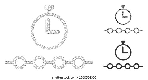 Mesh marked timeline model with triangle mosaic icon. Wire frame triangular mesh of marked timeline. Vector mosaic of triangle parts in variable sizes, and color hues.