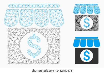 Mesh market building model with triangle mosaic icon. Wire frame polygonal mesh of market building. Vector collage of triangle elements in variable sizes, and color shades.