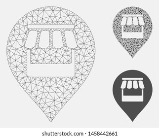 Mesh market marker model with triangle mosaic icon. Wire frame polygonal mesh of market marker. Vector mosaic of triangle elements in variable sizes, and color hues. Abstract 2d mesh market marker,
