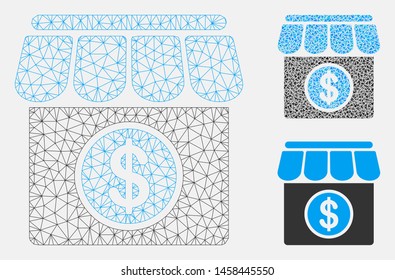 Mesh market model with triangle mosaic icon. Wire carcass triangular mesh of market. Vector composition of triangle elements in variable sizes, and color shades. Abstract flat mesh market,