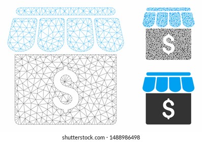 Mesh market model with triangle mosaic icon. Wire carcass polygonal mesh of market. Vector collage of triangle elements in different sizes, and color tints. Abstract flat mesh market,
