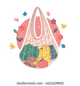 Mesh market reusable bag icon in cartoon doodle style. Zero waste life concept. Hand drawn design with nature organic flower decoration. No plastic style. Vector 