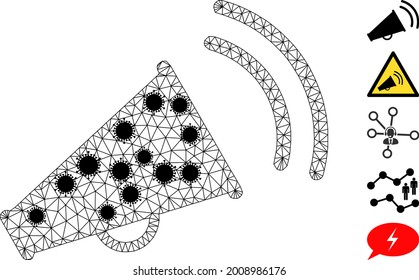 Mesh marketing horn polygonal 2d vector illustration, with black infection nodes. Carcass model is based on marketing horn flat icon, with covid items and polygonal net.