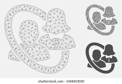 Mesh marriage circle model with triangle mosaic icon. Wire carcass triangular mesh of marriage circle. Vector mosaic of triangle elements in variable sizes, and color hues.