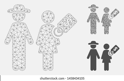 Mesh marriage of convenience model with triangle mosaic icon. Wire frame polygonal mesh of marriage of convenience. Vector mosaic of triangle elements in different sizes, and color hues.