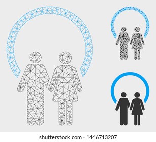 Mesh marriage model with triangle mosaic icon. Wire carcass polygonal mesh of marriage. Vector mosaic of triangle elements in variable sizes, and color hues. Abstract 2d mesh marriage,
