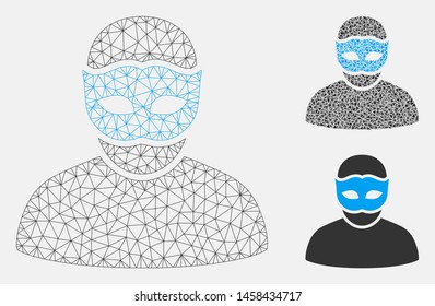 Mesh mask person model with triangle mosaic icon. Wire frame polygonal mesh of mask person. Vector collage of triangle parts in variable sizes, and color tinges. Abstract flat mesh mask person,