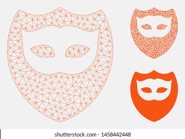 Mesh mask shield model with triangle mosaic icon. Wire carcass polygonal network of mask shield. Vector mosaic of triangle elements in various sizes, and color tones. Abstract flat mesh mask shield,