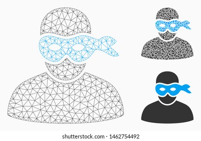 Mesh masked thief model with triangle mosaic icon. Wire carcass polygonal mesh of masked thief. Vector collage of triangle elements in different sizes, and color tints.