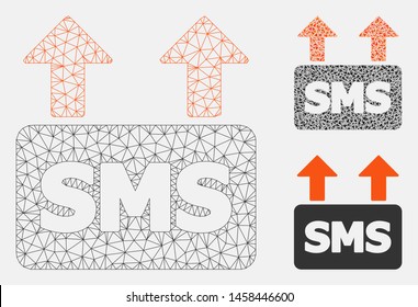 Mesh mass SMS sending model with triangle mosaic icon. Wire frame triangular mesh of mass SMS sending. Vector mosaic of triangle parts in variable sizes, and color tones.