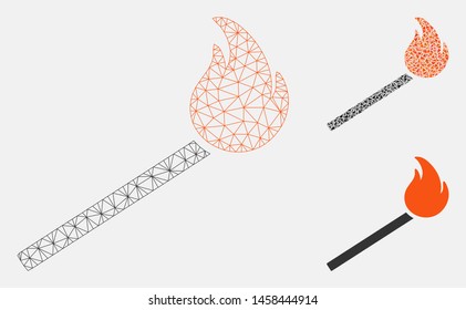 Mesh match fire model with triangle mosaic icon. Wire carcass triangular mesh of match fire. Vector collage of triangle elements in various sizes, and color tones. Abstract flat mesh match fire,