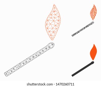 Mesh match fire model with triangle mosaic icon. Wire frame triangular mesh of match fire. Vector mosaic of triangle elements in variable sizes, and color shades. Abstract 2d mesh match fire,