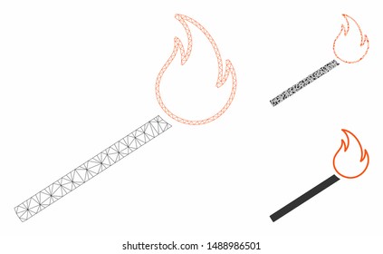 Mesh match fire model with triangle mosaic icon. Wire frame polygonal mesh of match fire. Vector mosaic of triangles in various sizes, and color tints. Abstract flat mesh match fire,