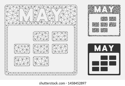Mesh May calendar grid model with triangle mosaic icon. Wire carcass polygonal mesh of May calendar grid. Vector composition of triangle parts in variable sizes, and color shades.