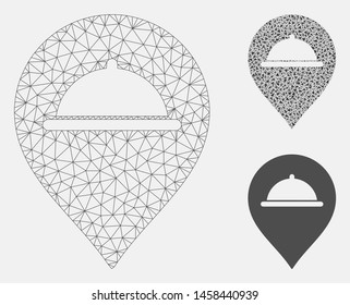 Mesh meal marker model with triangle mosaic icon. Wire frame triangular mesh of meal marker. Vector mosaic of triangle elements in different sizes, and color shades. Abstract 2d mesh meal marker,
