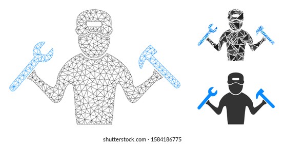 Mesh mechanic boy model with triangle mosaic icon. Wire frame polygonal mesh of mechanic boy. Vector mosaic of triangle elements in various sizes, and color tones. Abstract 2d mesh mechanic boy,