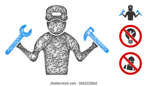 Mesh mechanic boy polygonal web icon vector illustration. Carcass model is created from mechanic boy flat icon. Triangular mesh forms abstract mechanic boy flat carcass.