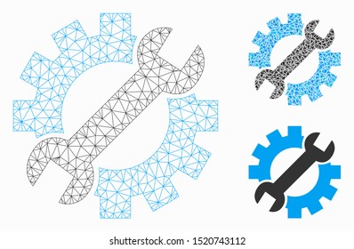 Mesh mechanic tools model with triangle mosaic icon. Wire carcass polygonal mesh of mechanic tools. Vector collage of triangle elements in variable sizes, and color tints.