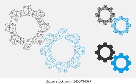 Mesh mechanical gears model with triangle mosaic icon. Wire frame triangular mesh of mechanical gears. Vector mosaic of triangle parts in variable sizes, and color hues.