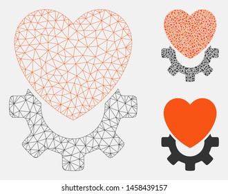 Mesh mechanical heart model with triangle mosaic icon. Wire carcass polygonal mesh of mechanical heart. Vector collage of triangle elements in different sizes, and color shades.