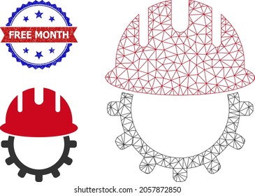 Mesh Mechanik-Modell Symbol, und Bicolor grunge Free Month Siegel. Mesh Wireframe Illustration entworfen mit Mechanik-Symbol.
