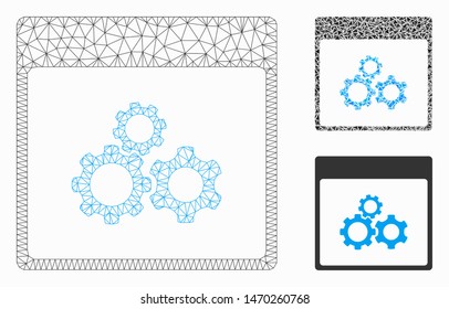 Mesh mechanics gears calendar page model with triangle mosaic icon. Wire carcass triangular mesh of mechanics gears calendar page. Vector mosaic of triangle elements in different sizes,