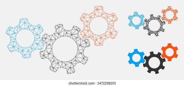 Mesh mechanics model with triangle mosaic icon. Wire carcass polygonal mesh of mechanics. Vector mosaic of triangle elements in different sizes, and color hues. Abstract 2d mesh mechanics,