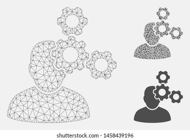 Mesh mechanics specialist model with triangle mosaic icon. Wire carcass polygonal mesh of mechanics specialist. Vector collage of triangle parts in variable sizes, and color tinges.