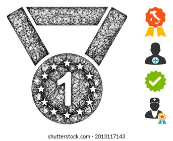 Mesh Medal erste Web-Symbol Vektorgrafik. Das Modell des Schlachtkörpers basiert auf dem ersten flachen Symbol der Medaille. Net bildet abstrakte Medaille ersten flachen Schlachtkörper. Wire-Frame-Flachnetz einzeln auf weißem Hintergrund.