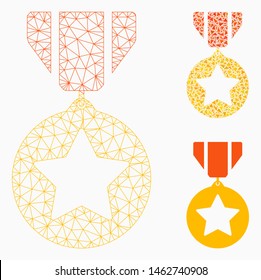 Mesh medal model with triangle mosaic icon. Wire frame polygonal mesh of medal. Vector composition of triangles in different sizes, and color hues. Abstract flat mesh medal, designed with triangles.