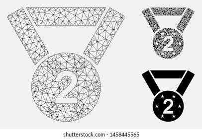 Mesh medal second model with triangle mosaic icon. Wire frame triangular mesh of medal second. Vector mosaic of triangle parts in variable sizes, and color tinges. Abstract 2d mesh medal second,