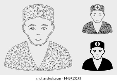 Mesh medic model with triangle mosaic icon. Wire frame polygonal mesh of medic. Vector composition of triangle elements in different sizes, and color tints. Abstract 2d mesh medic,
