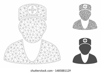 Mesh medic model with triangle mosaic icon. Wire frame triangular mesh of medic. Vector mosaic of triangle parts in different sizes, and color hues. Abstract flat mesh medic,
