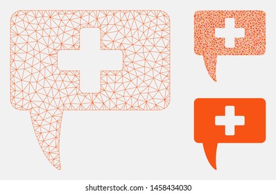 Mesh medical answer model with triangle mosaic icon. Wire frame triangular mesh of medical answer. Vector mosaic of triangle elements in various sizes, and color tinges.