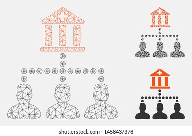 Mesh medical bank clients model with triangle mosaic icon. Wire frame polygonal mesh of medical bank clients. Vector mosaic of triangle parts in different sizes, and color tints.