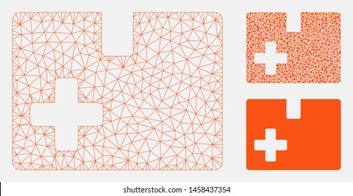 Mesh medical box model with triangle mosaic icon. Wire carcass polygonal mesh of medical box. Vector composition of triangle elements in variable sizes, and color tints. Abstract 2d mesh medical box,