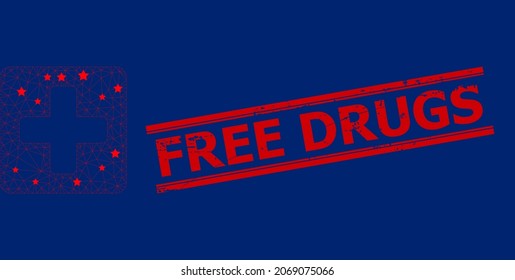 Mesh medical box polygonal icon vector illustration, and red FREE DRUGS rough watermark. Carcass model is created from medical box flat icon, with stars and polygonal net.