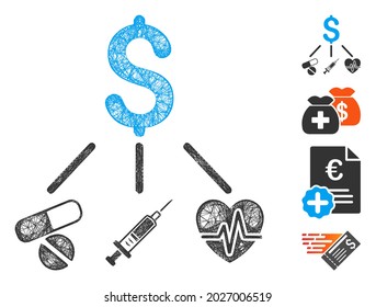 Mesh medical budget web icon vector illustration. Model is based on medical budget flat icon. Network forms abstract medical budget flat model. wireframe 2D web network isolated on a white background.