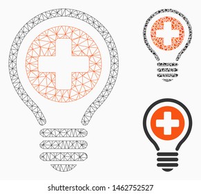 Mesh medical bulb model with triangle mosaic icon. Wire carcass triangular network of medical bulb. Vector mosaic of triangle parts in variable sizes, and color tones. Abstract 2d mesh medical bulb,
