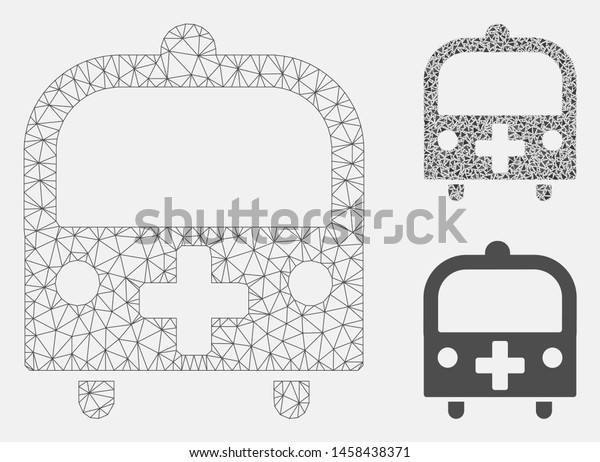 Mesh medical bus model with triangle mosaic icon.
Wire carcass polygonal mesh of medical bus. Vector collage of
triangle parts in various sizes, and color shades. Abstract 2d mesh
medical bus,
