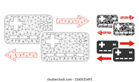 Mesh medical cards exchange model with triangle mosaic icon. Wire carcass polygonal mesh of medical cards exchange. Vector mosaic of triangle elements in different sizes, and color tones.