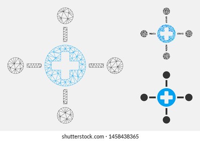 Mesh medical center model with triangle mosaic icon. Wire frame polygonal mesh of medical center. Vector collage of triangles in various sizes, and color tones. Abstract 2d mesh medical center,